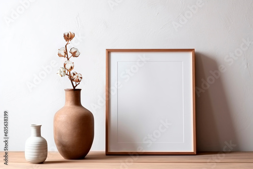 Frame and poster mock up in living room with coton branch in clay vase. Scandinavian interior.