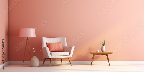 Living room interior mockup in warm tones with armchair on empty light pink wall background. Pretty cute minimal style interior. © dinastya