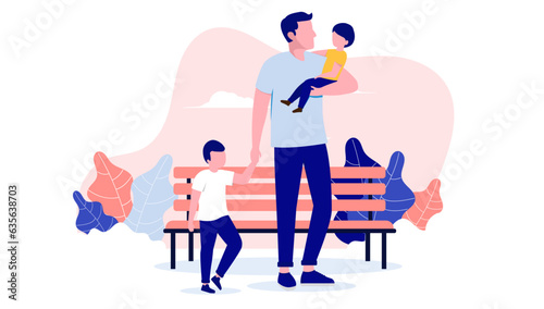 Father outdoors with children - Parent with two sons standing in park holding kids in arms. Flat design vector illustration with white background