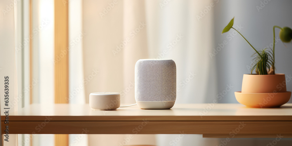 Minimalistic bluetooth speaker on a table in a living room, against a minimalist and light interior. Picture for catalog. Minimalistic bluetooth speaker on a table in a living room, against a minimalist and light interior. Picture for catalog.