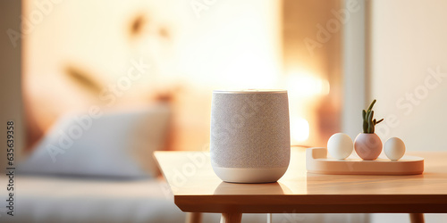 Minimalistic bluetooth speaker on a table in a living room, against a minimalist and light interior. Picture for catalog.
