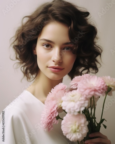bride in a white dress with pink flowers looks directly into the camera, gentle photo session
