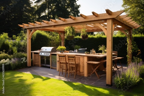 An outdoor kitchen in a garden with pergola.