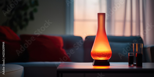 Minimalistic lava lamp on a table in a living room, against a minimalist and light interior. Picture for catalog. 