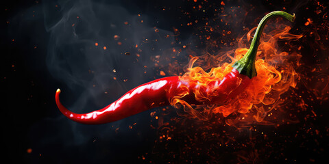 Red hot chilli pepper in fire on dark black background. Creative wallpaper with burning red pepper. 
