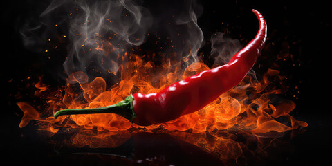 Red hot chilli pepper in fire on dark black background. Creative wallpaper with burning red pepper. 