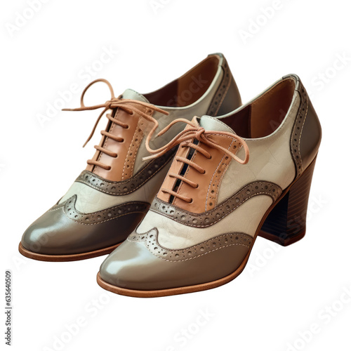 Genuine leather shoes in an English style with unique gray brown color are displayed on a transparent background