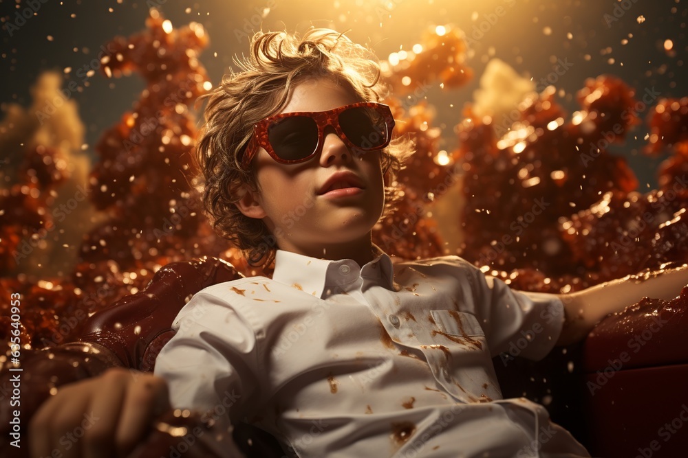 Kid with sunglasses bathing in chocolate . Kid with sunglasses bathing in chocolate .