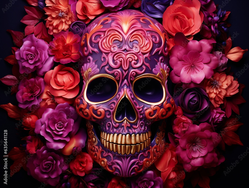 Skull with purple flowers. Dia de los muertos. Day of the dead. Tradition. Mexico. Sugar skull. Generative AI