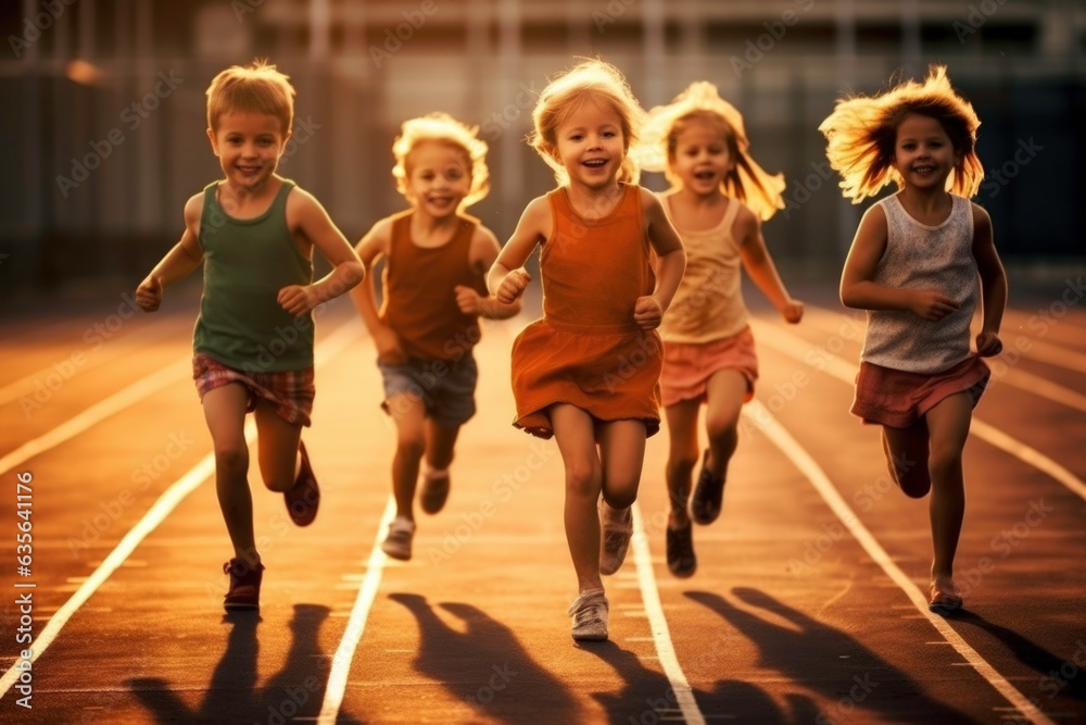 Obraz premium A group of cute children running on the track. Generated by AI