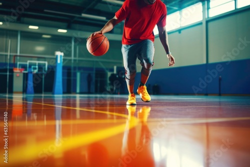 Basketball player dribbling the ball in the gym. Generated by AI
