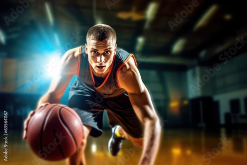 Basketball player dribbling the ball in the gym. Generated by AI © DigitalMuseCreations