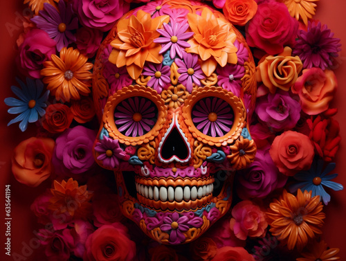 Skull with bright flowers. Dia de los muertos. Day of the dead. Tradition. Mexico. Sugar skull. Generative AI