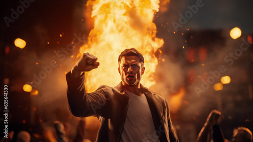 Narrative impactful AI-generated photo of a man in front of the burning car in the middle of the riot. The urgency of societal change. Echoes the spirit of protests