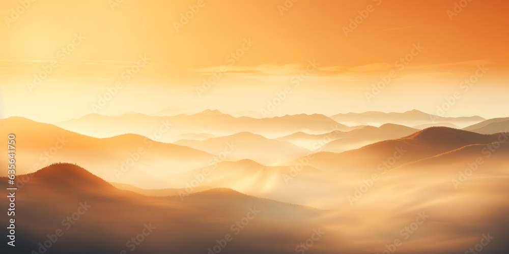Natural fog and mountains sunlight background blurring, misty waves warm colors and bright sun light. Generative AI