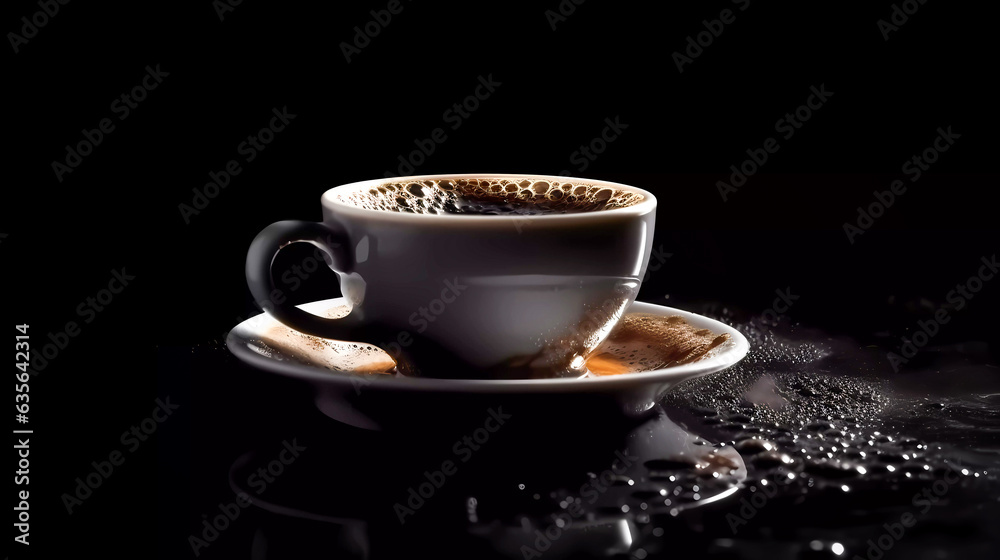 Isolated cup of hot coffee on black background. Generative AI technology. Isolated cup of hot coffee on black background. Generative AI technology.