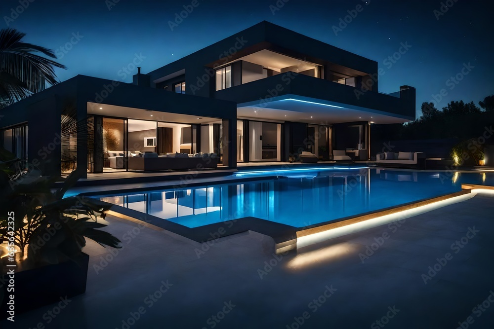 Modern villa with pool, night scene