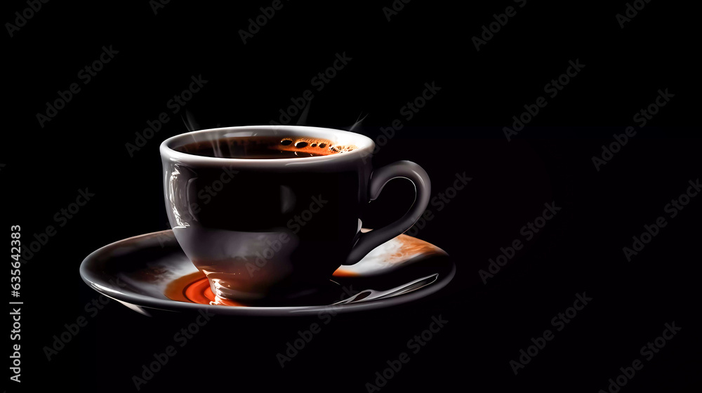 Isolated cup of hot coffee on black background. Generative AI technology. Isolated cup of hot coffee on black background. Generative AI technology.