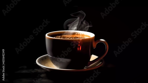 Isolated cup of hot coffee on black background. Generative AI technology.