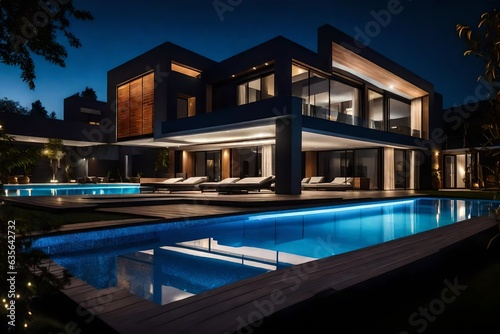 Modern villa with pool, night scene