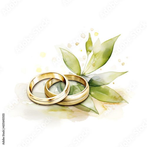 Gold Wedding Rings and Green Plant Watercolor Painting Paper Textured on White Background