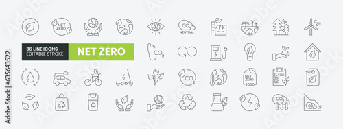 Set of 36 Net Zero line icons set. Net Zero outline icons with editable stroke collection. Includes Carbon footprint, CO2 neutral, net zero, Solar Energy, Wind Power, Renewable Energy and More.