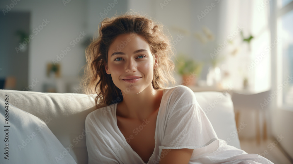 Happy young woman relaxing on comfortable sofa enjoying stress free weekend at home. Generative AI Happy young woman relaxing on comfortable sofa enjoying stress free weekend at home. Generative AI