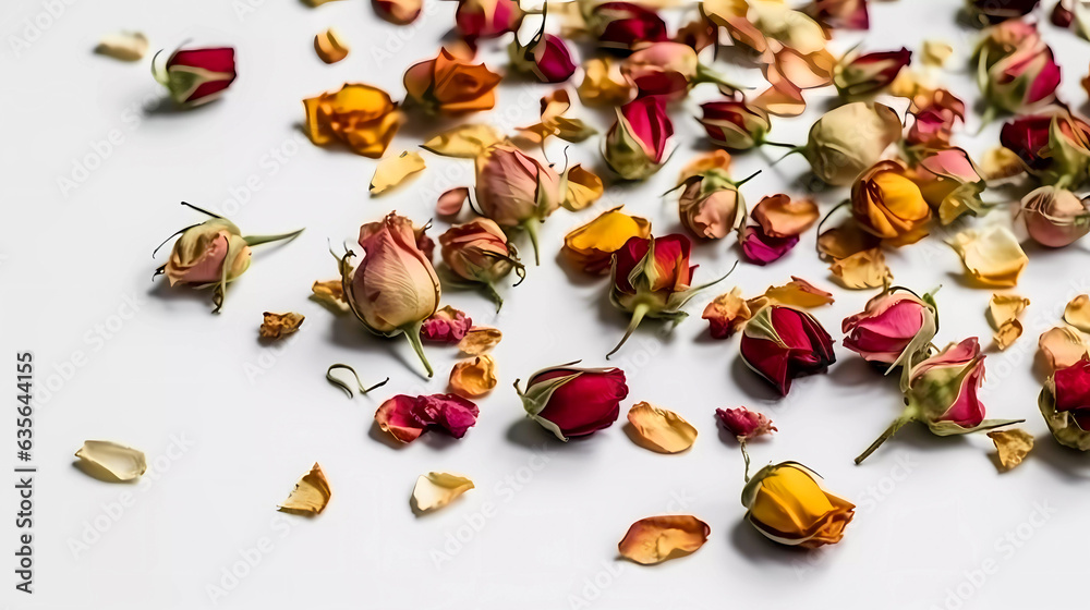 Isolated flower buds scattered on a white surface, top down view, Generative AI technology.