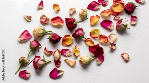 Isolated flower buds scattered on a white surface, top down view, Generative AI technology.