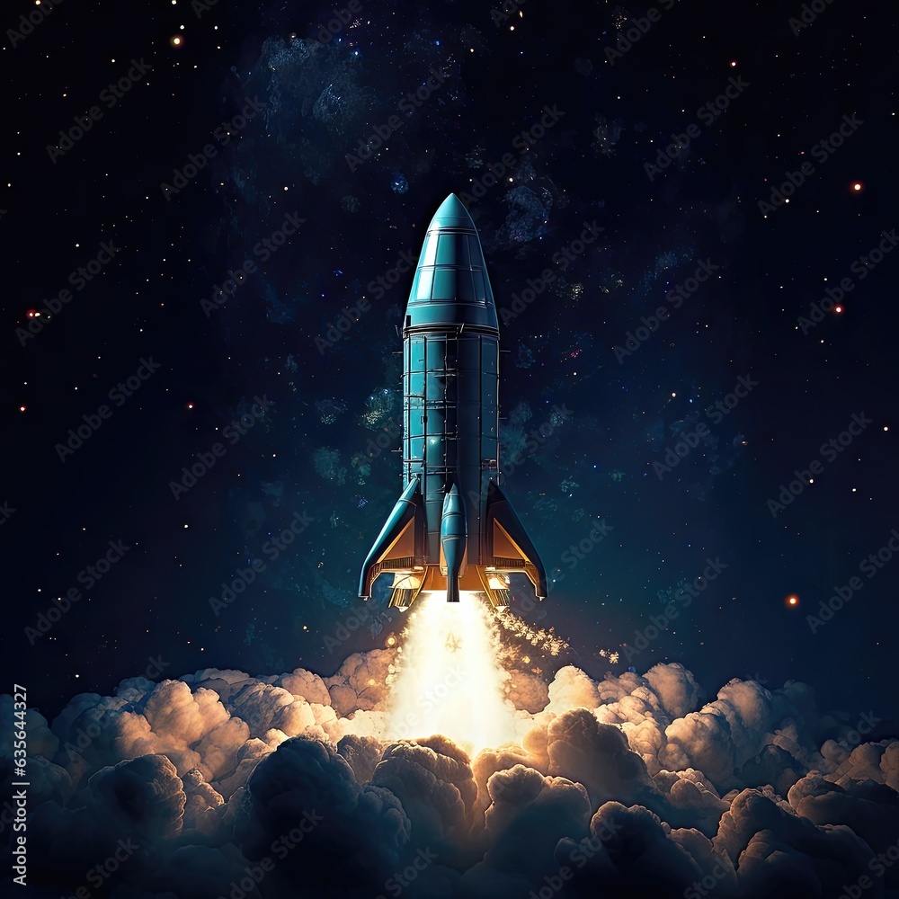 Fototapeta premium Rocket taking off into space. Square vector illustration