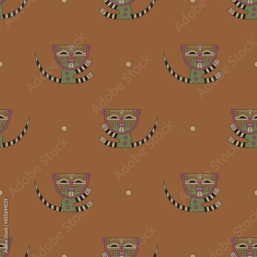 Seamless ethnic animal pattern with funny stylized tabby kittens or cats with striped tails. Native American animal motif from ancient Paracas, Peru. On orange brown background.