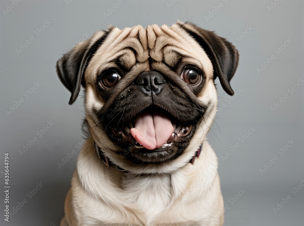 Portrait of excited pug dog with tongue out in grey background