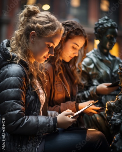 Two girls are looking at a mobile phone. Generative AI photos.