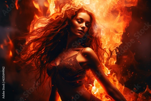 Fototapete A goddess woman wearing a tight dress made of fire.