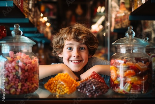 A happy kid in a candy shop. photo