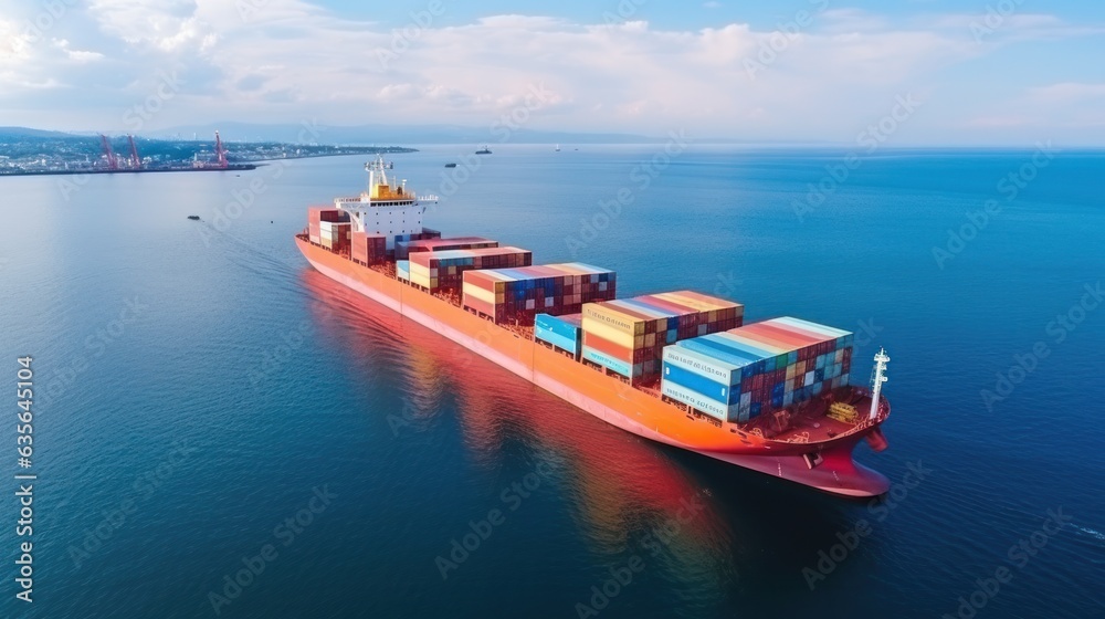 Transport sea vessel is loaded with containers