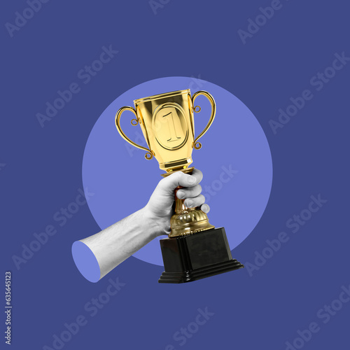 champion trophy, first place, first place trophy, number 1, winning, winner, trophy in hand, gold trophy, champion cup, symbol of triumph, hand with cup, the best, concept, collage art, photo collage
 photo