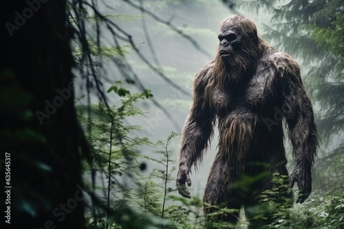 Rare shot of the mysterious bigfoot in a forest. photo