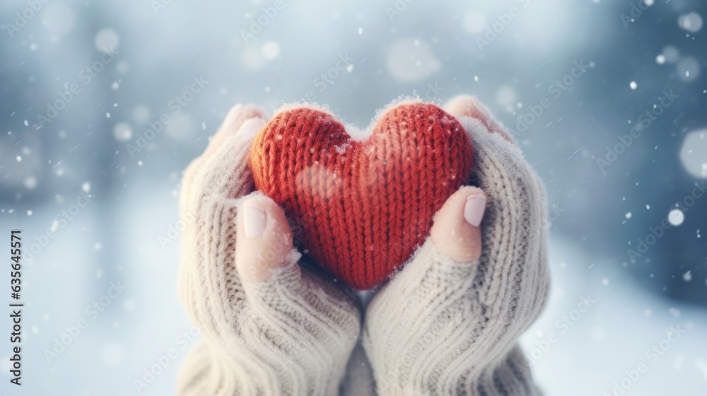 Female hands in knitted mittens with snowy heart against snow background Female hands in knitted mittens with snowy heart against snow background