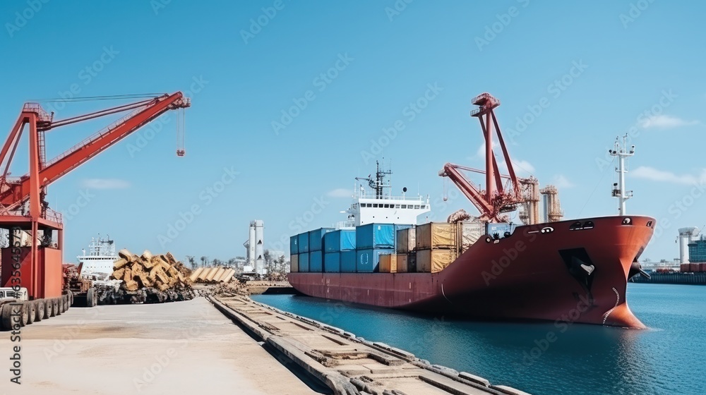 Transport sea vessel is loaded with containers