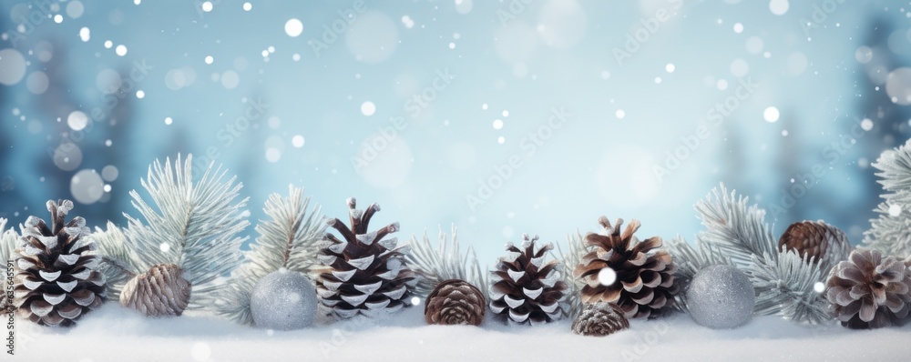 A white winter background with snow and pine cones