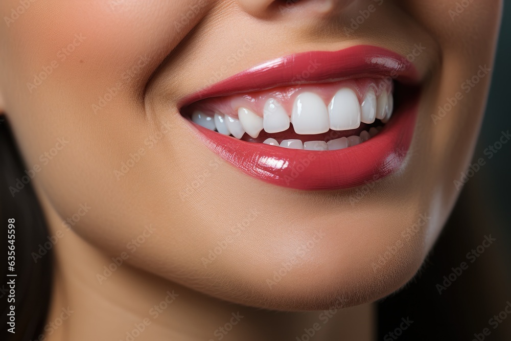Fototapeta premium Perfect healthy teeth smile of young woman, face of girl close up. Teeth whitening. Dental care, stomatology concept.