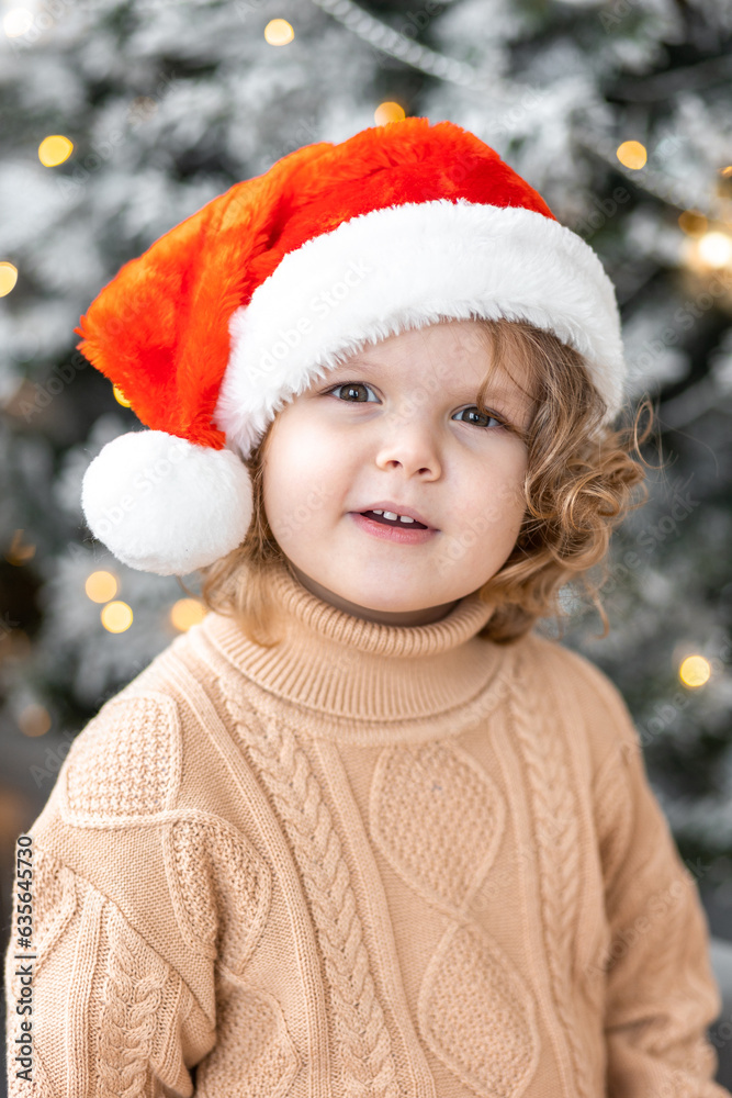 Portrait of a cute little girl in a beautiful knitted sweater ad a red Santa hat near decorated Christmas and new year tree at home. Smiling, cheerful and happy Portrait of a cute little girl in a beautiful knitted sweater ad a red Santa hat near decorated Christmas and new year tree at home. Smiling, cheerful and happy