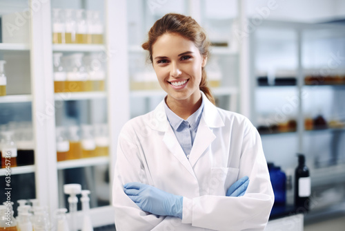 Diligent scientist conducts research in a laboratory setting, surrounded by a variety of bottles containing essential substances. Perfect for scientific discovery, experimentation, and laboratory.