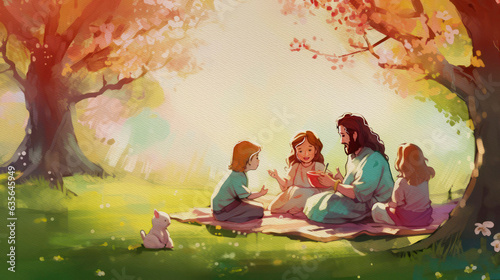 Jesus Teaching Children, biblical illustration, generative ai. © pronoia