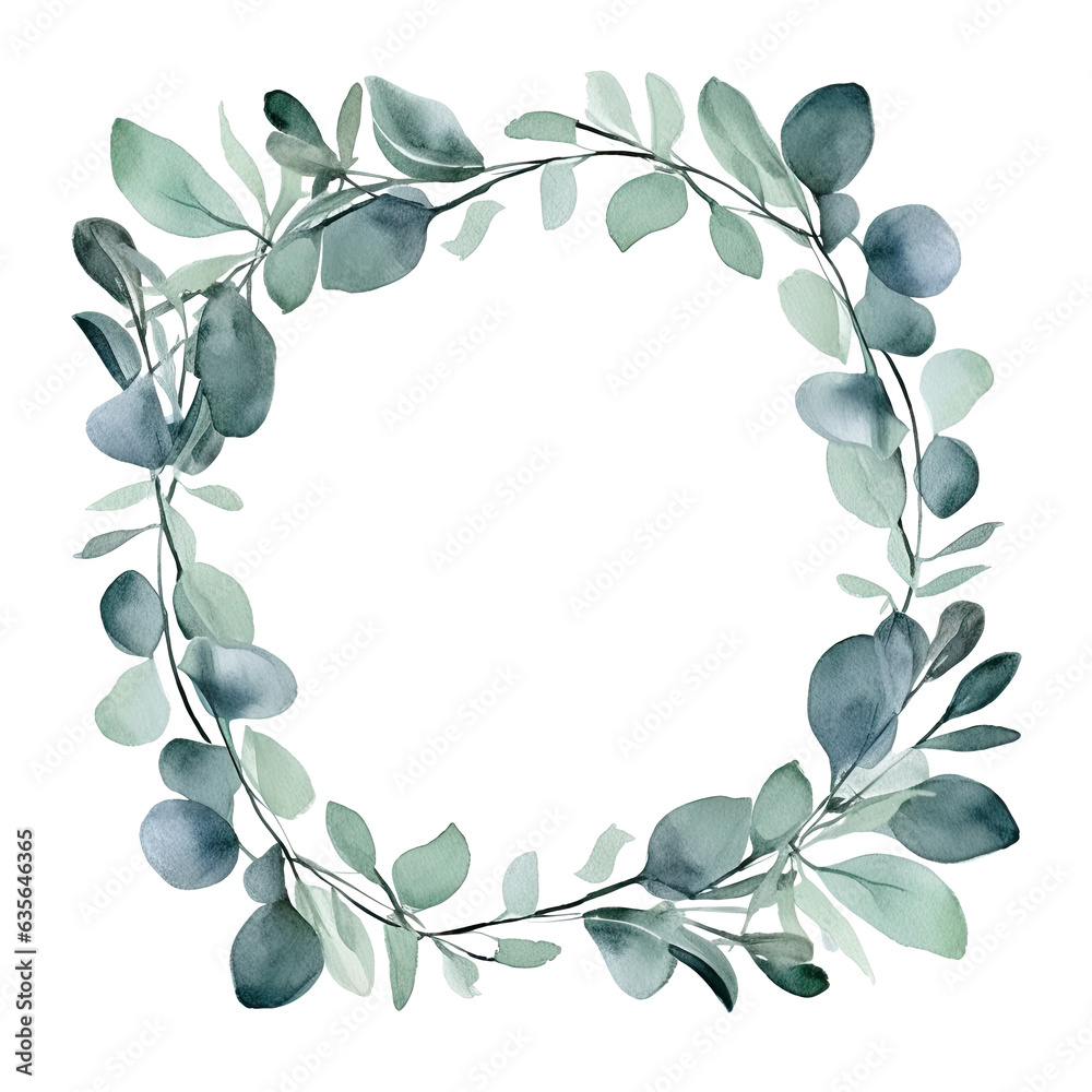 Watercolor eucalyptus leaves frame isolated