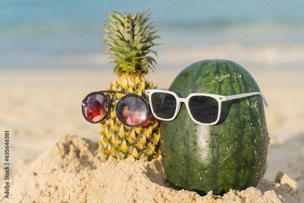 Fruit man made of pineapple and watermelon on the beach fruit tourism for health Funny and cute