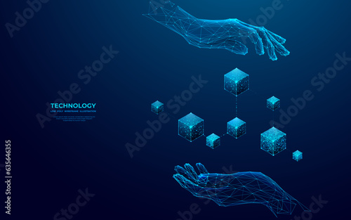 Abstract digital hands holding hologram of blockchain icon in futuristic low poly wireframe style. Virtual reality or metaverse concept on blue technology background. Polygonal 3D vector illustration 