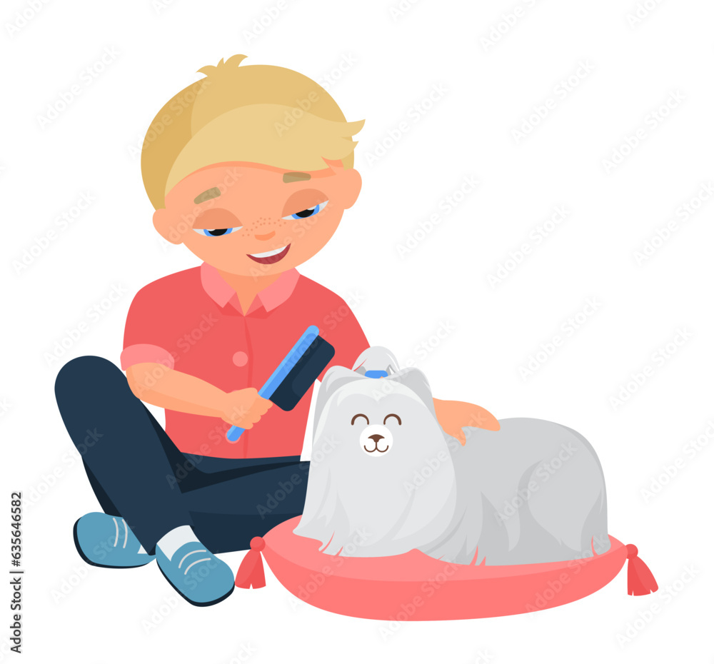 Little kid combing his dog. Fluffy family pet, child puppy friend vector cartoon illustration Little kid combing his dog. Fluffy family pet, child puppy friend vector cartoon illustration