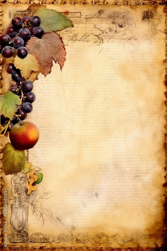 Old sheet of paper yellowed and framed with autumn flowers and fruits, autumn theme